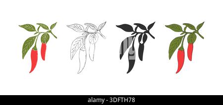 Set of red hot chili peppers icons, hand drawn doodle drawing, branch with fruits and leaves sketch, isolated on white background. Vector illustration Stock Vector