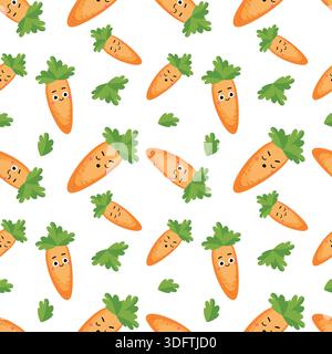 Cute kawaii carrot characters seamless pattern with funny faces on white background Stock Vector