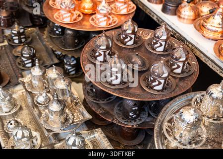 Turkish coffee cup set for traditional Turkish coffee. Small copper Turkish cups with traditional designs. Stock Photo