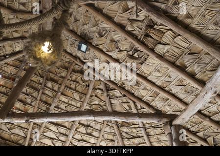 View of interior traditional roof made from dried leaf and rustic wood structure gives calm tropical feeling of natural shelter background pattern Stock Photo