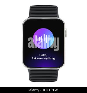 smartwatch device displaying artificial intelligence voice assistant interface featuring a colorful sound wave visualization realistic vector Stock Vector