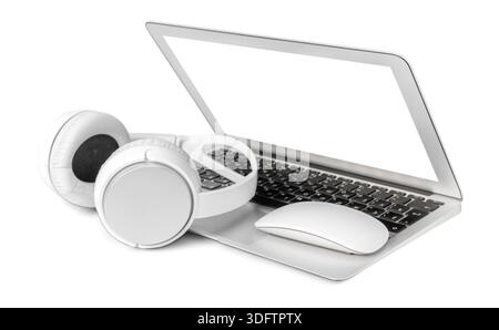 Laptop and headphones placed together on a white surface with a clean design Stock Photo
