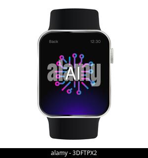 AI modern smartwatch device vector illustration featuring a neon circuit board brain icon representing artificial intelligence technology futuristic Stock Vector