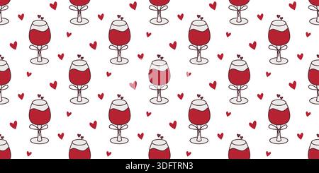 Glasses with red wine seamless pattern. Background with drinks and hearts. Valentines Day and wedding prints for textiles, packaging, paper, design, Stock Vector