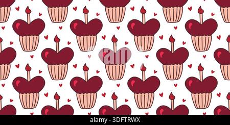 Heart shaped cakes seamless pattern. Romantic background with delicious sweet cupcakes and candle. Valentines Day and wedding print for textiles, pack Stock Vector