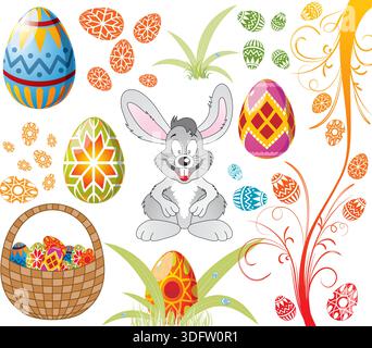 Easter set with ornament eggs, rabbit, crib, grass, element for design, vector illustration Stock Vector
