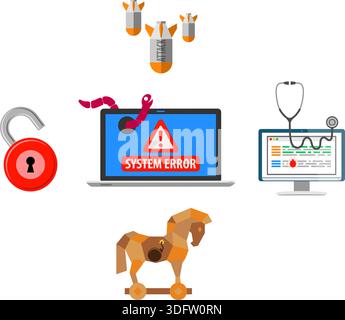 Cyber Crime   Virus Concept with Trojan Horse, Bomb, worm and Bug Flat Icons. vector illustration. Stock Vector