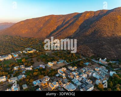 Aerial view of a small town nestled in the rural landscape of Sicily ...