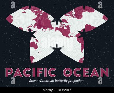 World map featuring the Steve Waterman butterfly projection, centered on the Pacific Ocean. Stock Vector