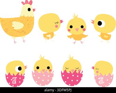 Cute vector yellow chicks and a hen in flat style for Easter designs Stock Vector