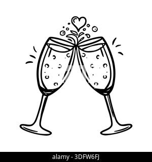 Two champagne glasses clinking in a toast with small hearts hand drawn doodle Stock Vector
