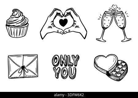 Set of romantic valentine day hand drawn doodles including hearts hands letter cupcake and champagne glasses Stock Vector