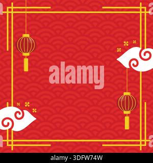 Vibrant red Chinese New Year celebration background with wave patterns, ornate yellow border, hanging lanterns, and swirling cloud motifs. Stock Vector
