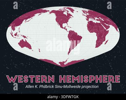 Western Hemisphere. World map. Allen K. Philbrick Sinu-Mollweide projection centered to Western Hemisphere. Pale Mint Dark Pink palette. Stock Vector