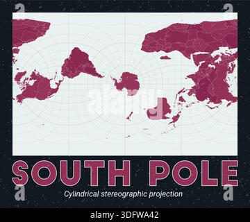 A world map using a cylindrical stereographic projection, centered on the South Pole. Stock Vector