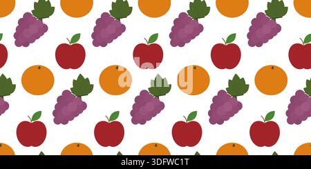Mandarin Apple and Bunch of Grape Seamless Pattern Banner Format Minimalistic Flat Design Backdrop. Isolated Vector illustration Price list or Menu Card Background Print Material Banner, leaflets, tag Stock Vector