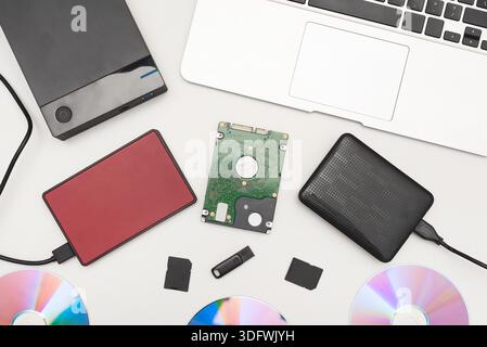 Multiple storage devices, pendrive, memory cards. Backup data Stock Photo