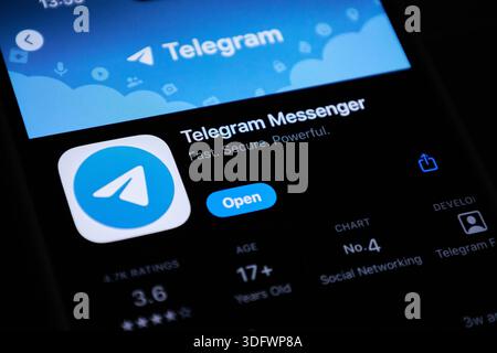 Telegram Messenger mobile app with open button in the App store on iPhone. Bishkek, Kyrgyzstan - 1 OCT 2025 Stock Photo