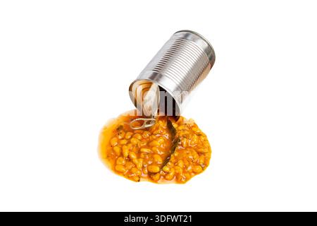 Opened tin can spilling butter beans with tomato sauce, ready to eat meal, fast food concept isolated Stock Photo