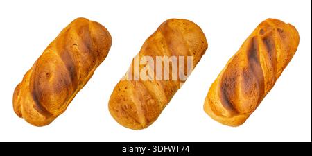 Three loafs of bread rectangular shaped, arranged on an angle isolated on white  culinary banner Stock Photo