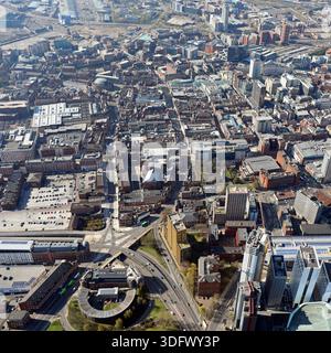 aerial view of Leeds city centre from the NEast looking SWest down North Street & Vicar Lane with North Crescent apartment complex in foreground Stock Photo