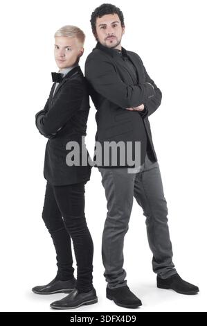 Two young men in jackets isolated on white Stock Photo