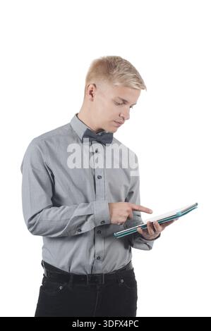 Man with tablet on his hands isolated on white Stock Photo