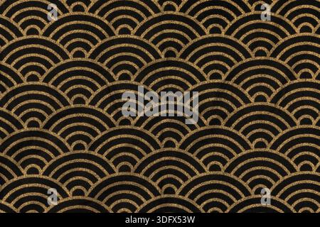 Highly detailed all over background texture of traditional japanese black and gold rainbow-shaped pattern design textile in synthetic fabric Stock Photo