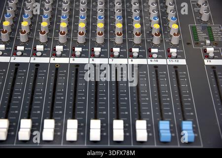 Audio sound mixer console. Music mixer control panel in a recording studio. Audio mixing console with faders and adjusting knob Stock Photo