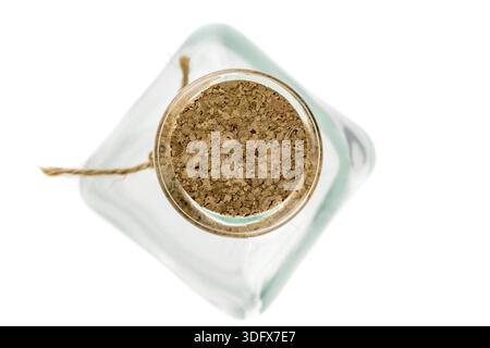 Closed with cork empty glass bottle view from the top isolated on white background Stock Photo