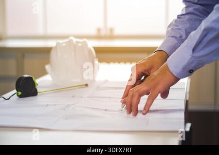 Great concept of engineering design, engineer working on architectural design Stock Photo