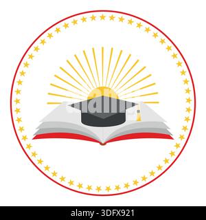 Education logo illustration. Open book with sun and shadow on white background. Stock Vector