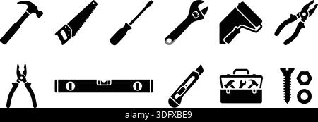 Set of black silhouette utility tools icons including a hammer, saw, and wrench on a white background. Ideal for DIY, building, or maintenance graphic Stock Vector