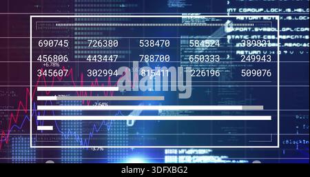 Displaying white-framed dashboard showing six-digit tiles, percents and red blue lines in data UI Stock Photo