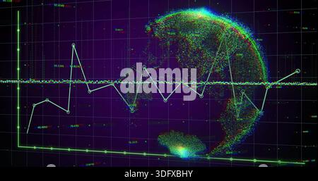 Displaying particle globe and white-green polyline chart on dark purple grid, showing readouts Stock Photo