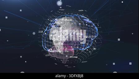 Spinning holographic globe with translucent wireframe, continent outlines, nodes in dark data space Stock Photo