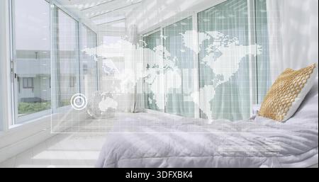 Displaying neatly made bed on right in conservatory, with white quilted cover and HUD overlay Stock Photo