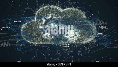 Floating luminous digital cloud hologram hovering above virtual 3D map, displaying security icons Stock Photo