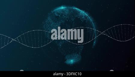 Displaying stylized DNA helix spanning digital art, with particle globe and faint ticks Stock Photo
