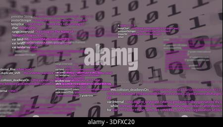 Displaying binary digits and code snippets in digital graphic with magenta white text layers Stock Photo