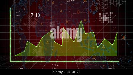 Displaying yellowgreen area chart with green XY axes and white points on HUD, label 7 Stock Photo