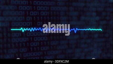 Displaying neon waveform trace running across center in dark navy grid with binary digits Stock Photo