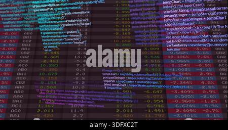 Displaying layered dashboard combining colored spreadsheet and JavaScript code overlay on monitor Stock Photo