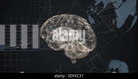 Floating translucent hologram brain pulsing, linking to network lines and pale bars in dashboard Stock Photo