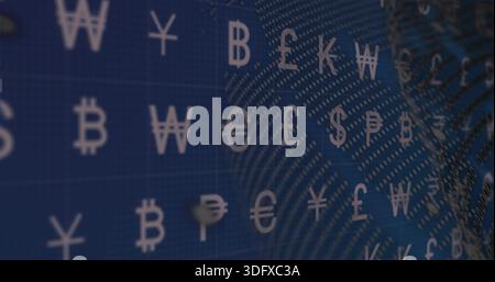 Displaying digital graphic centered on screen, showing currency symbols and fingerprint motif Stock Photo
