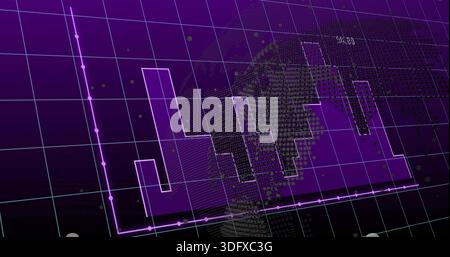 Displaying purple 3D bar chart moving in virtual data space, with magenta line and halftone globe Stock Photo