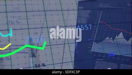 Displaying translucent grid overlay with green, yellow, cyan trend lines, 7% and 4557 in workspace Stock Photo