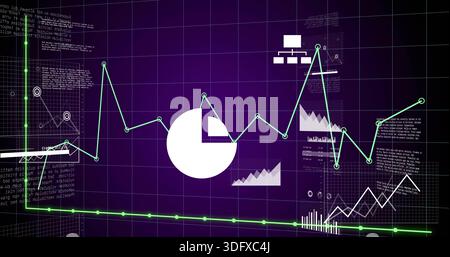Displaying teal jagged line and white pie chart on dark purple dashboard, with green markers Stock Photo