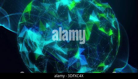 Rotating 3D mesh globe pulsing with neon nodes and flowing dotted ribbons in virtual space Stock Photo