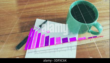 Displaying small desk scene showing white lined paper, black pen, green mug, magenta chart overlay Stock Photo